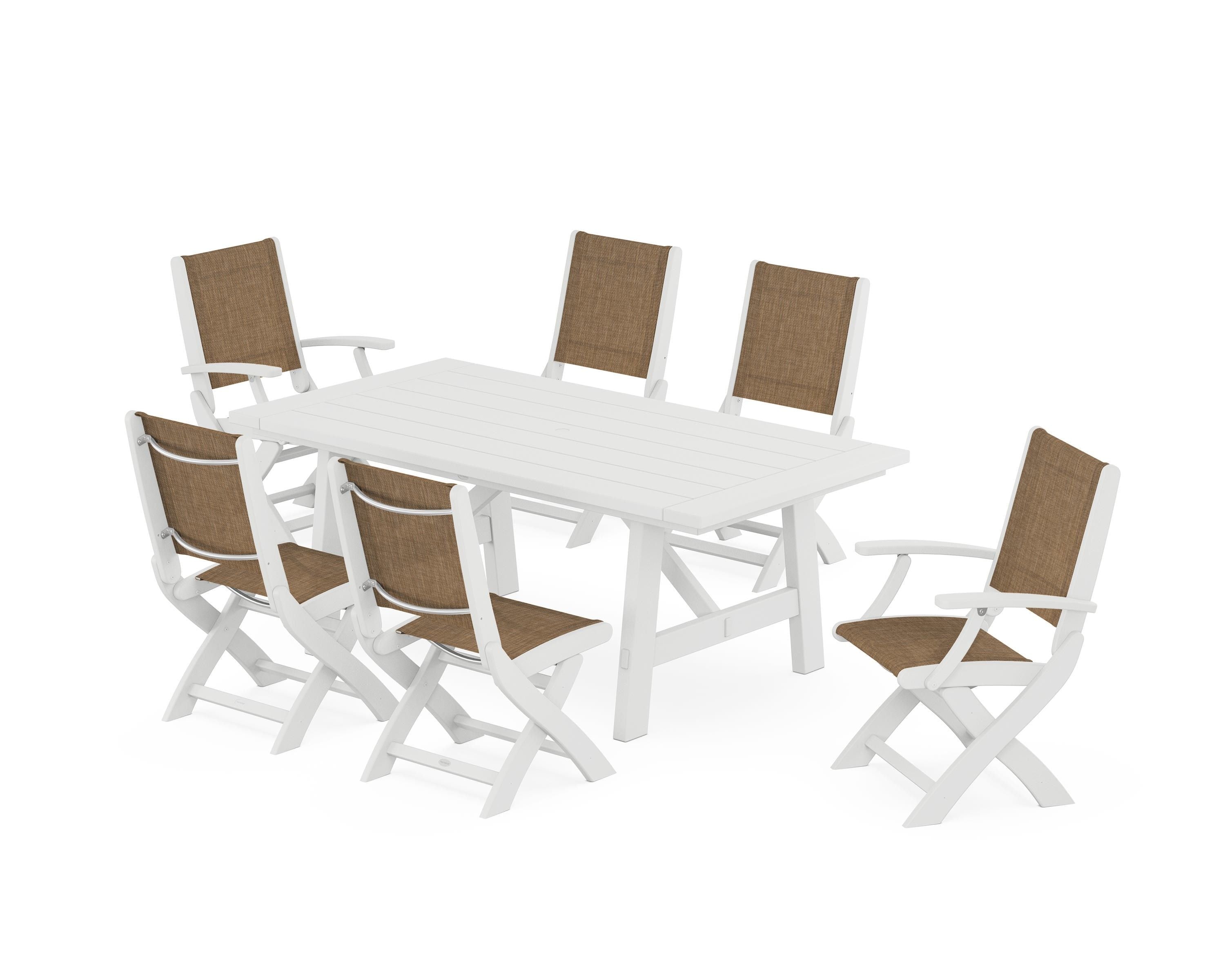 POLYWOOD® Coastal Folding Chair 7-Piece Rustic Farmhouse Dining Set in White / Burlap Sling