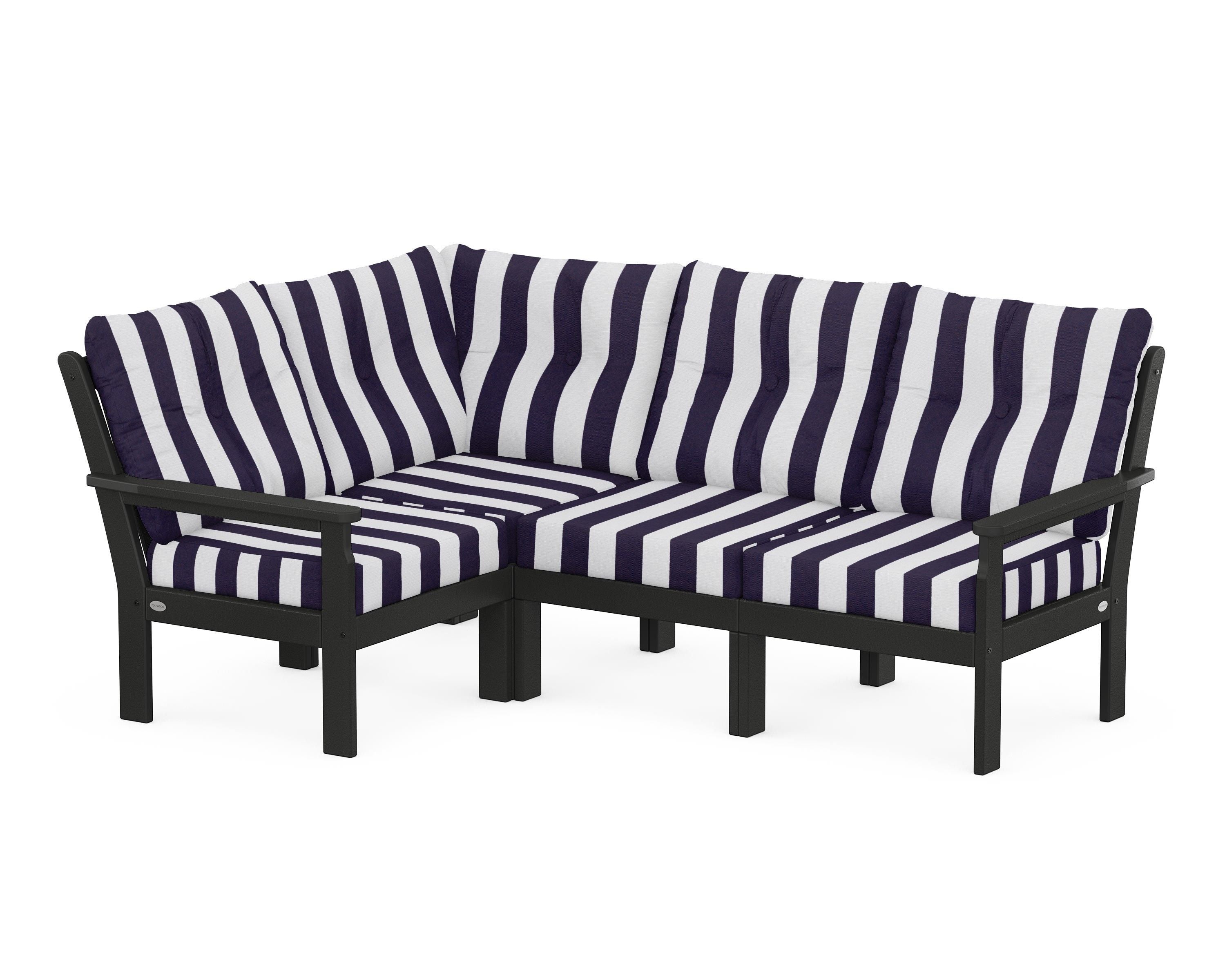 POLYWOOD® Vineyard 4-Piece Sectional in Black / Cabana Stripe Navy