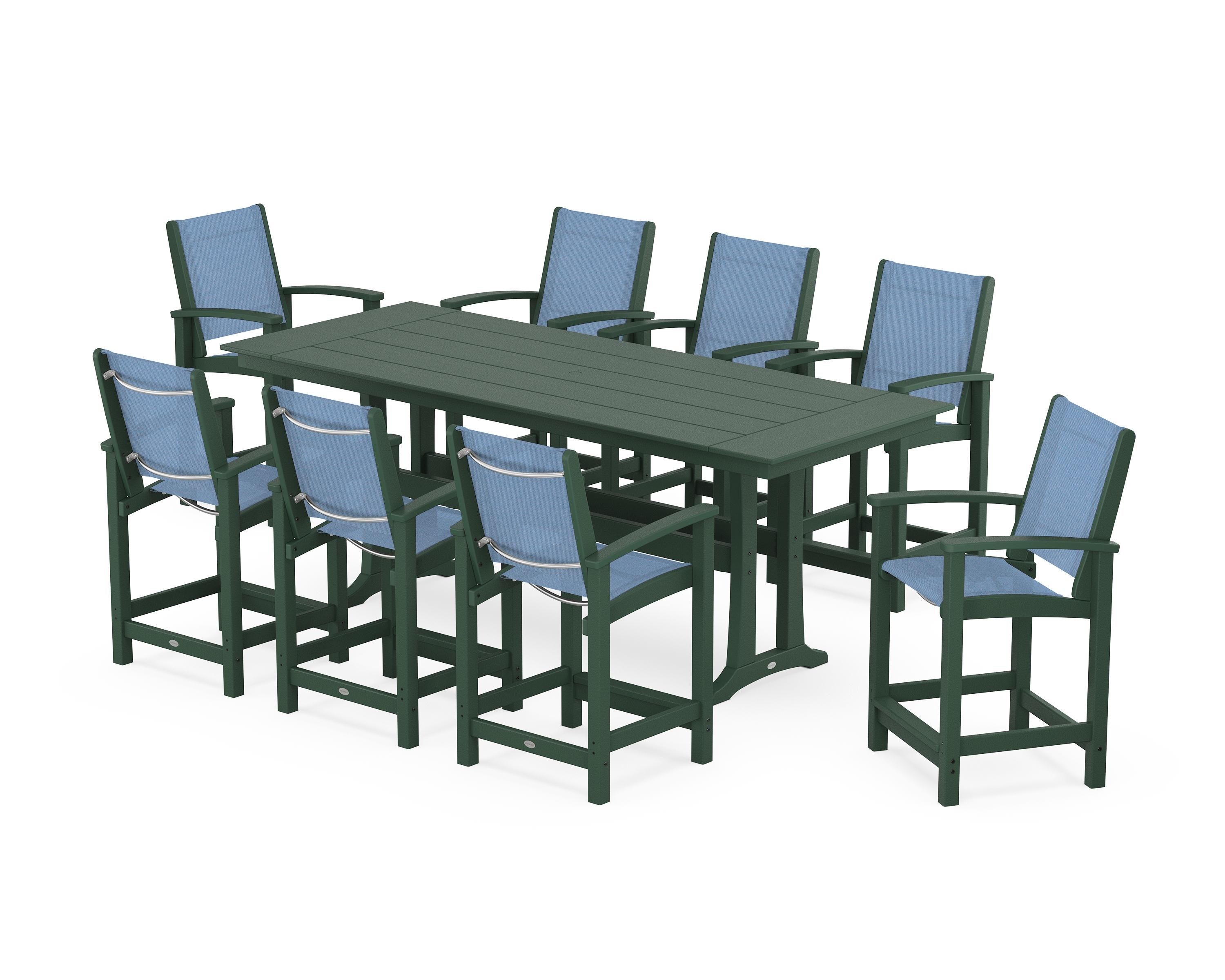POLYWOOD® Coastal 9-Piece Farmhouse Counter Set with Trestle Legs in Green / Poolside Sling