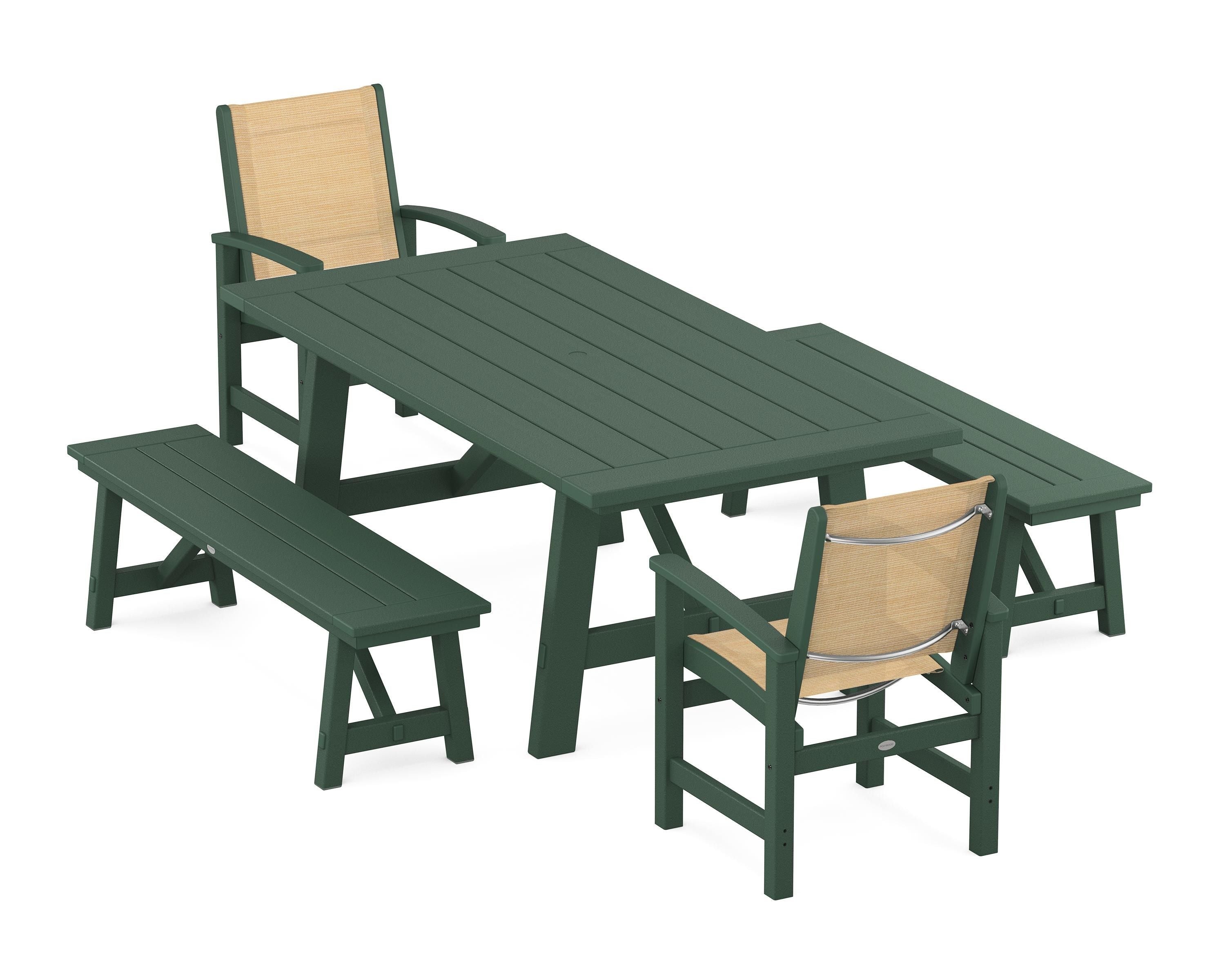 POLYWOOD® Coastal 5-Piece Rustic Farmhouse Dining Set With Benches in Green / Dupioni Apricot Sling