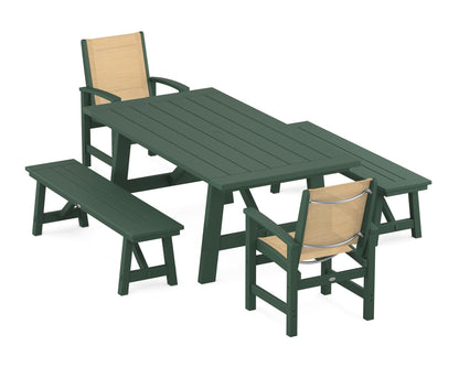 POLYWOOD® Coastal 5-Piece Rustic Farmhouse Dining Set With Benches in Green / Dupioni Apricot Sling