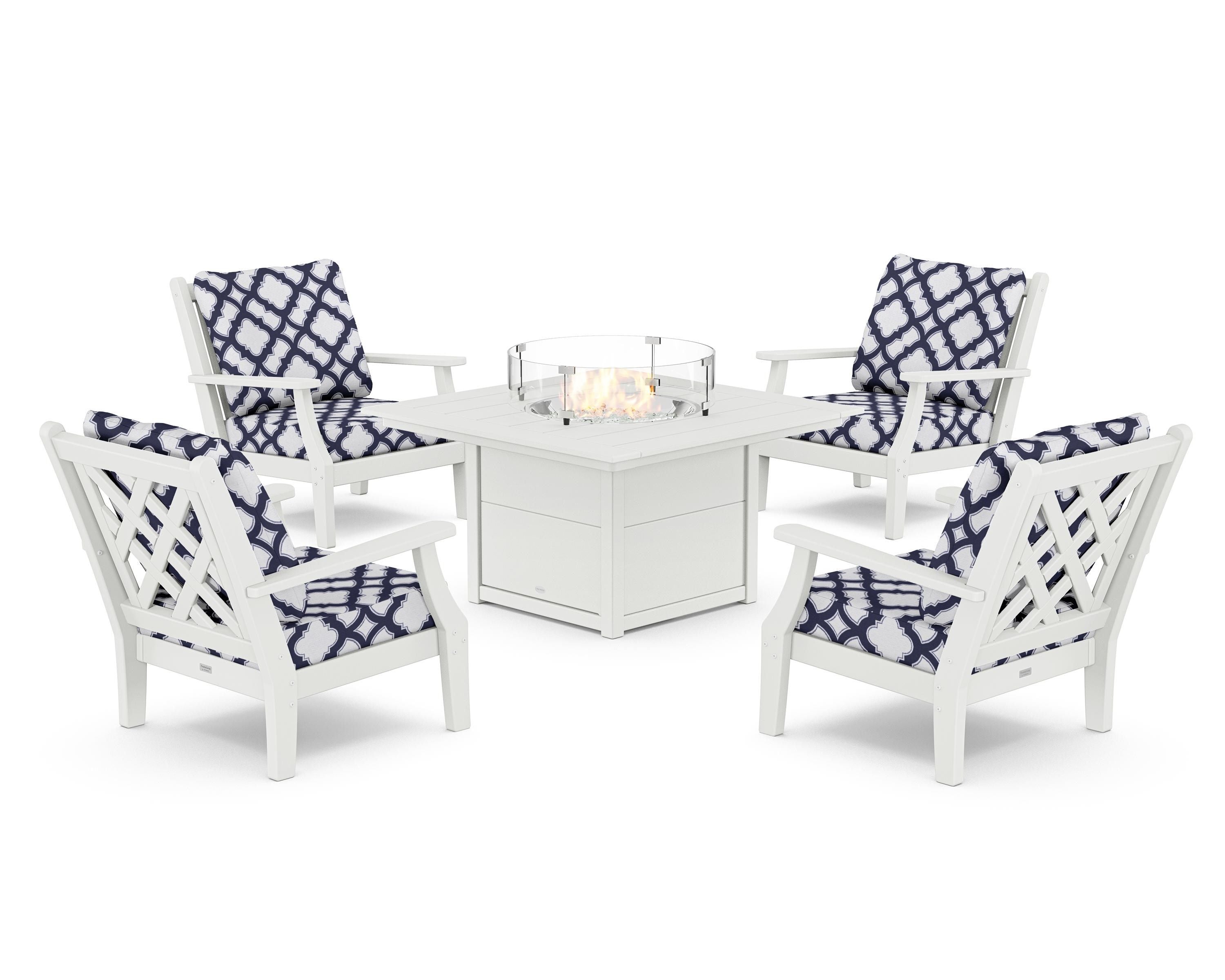 Country Living Wovendale 5-Piece Deep Seating Set with Fire Pit Table in White / Trellis Navy