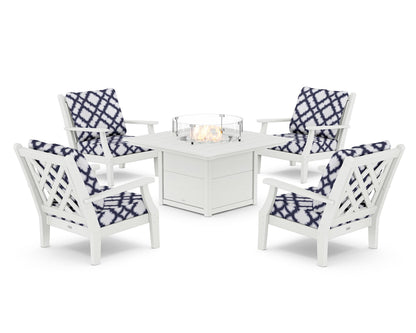 Country Living Wovendale 5-Piece Deep Seating Set with Fire Pit Table in White / Trellis Navy
