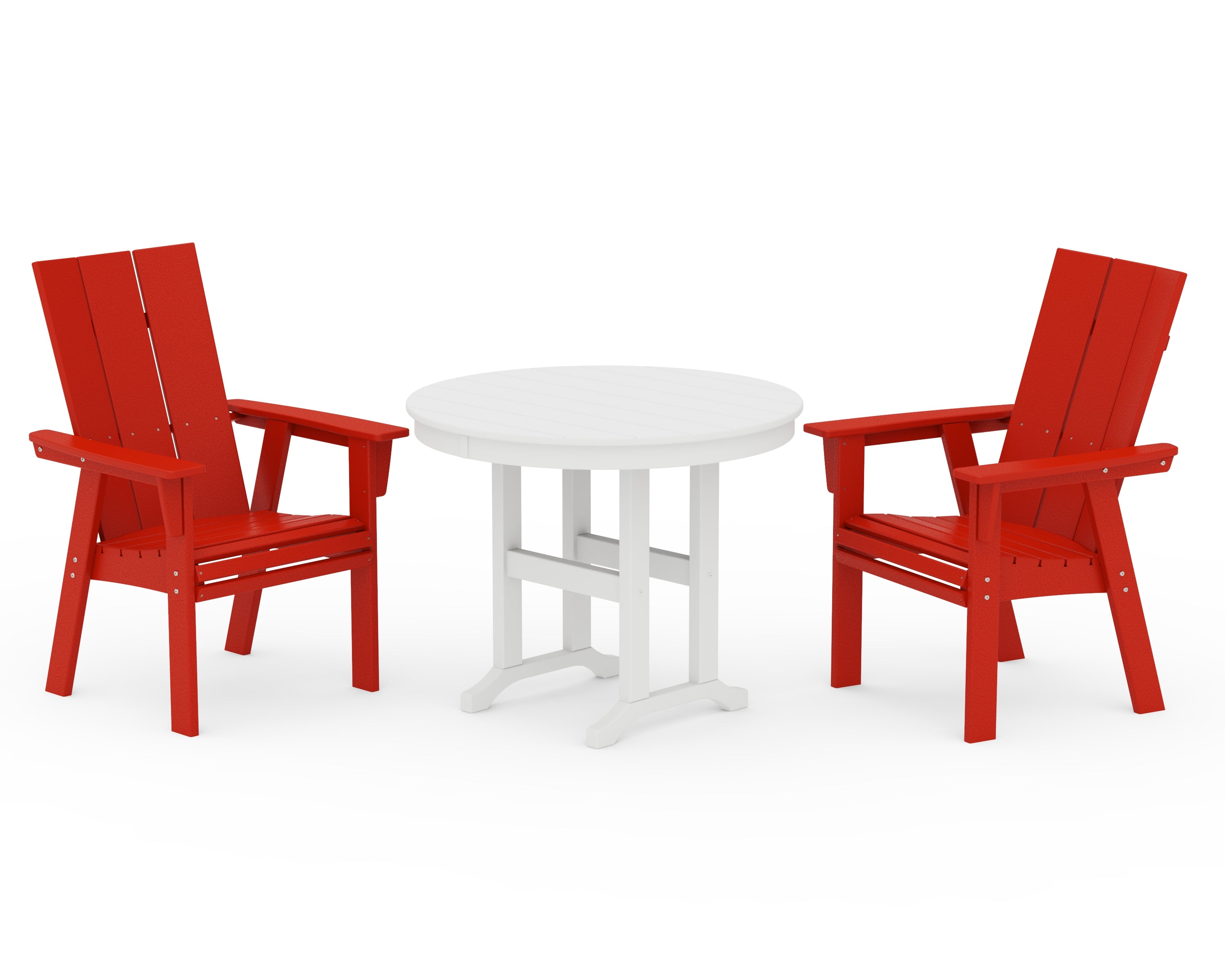POLYWOOD® Modern Adirondack 3-Piece Round Dining Set in Sunset Red / White