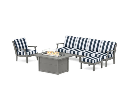 POLYWOOD® Braxton Sectional Lounge and Fire Pit Set in Slate Grey / Cabana Stripe Marine Indigo