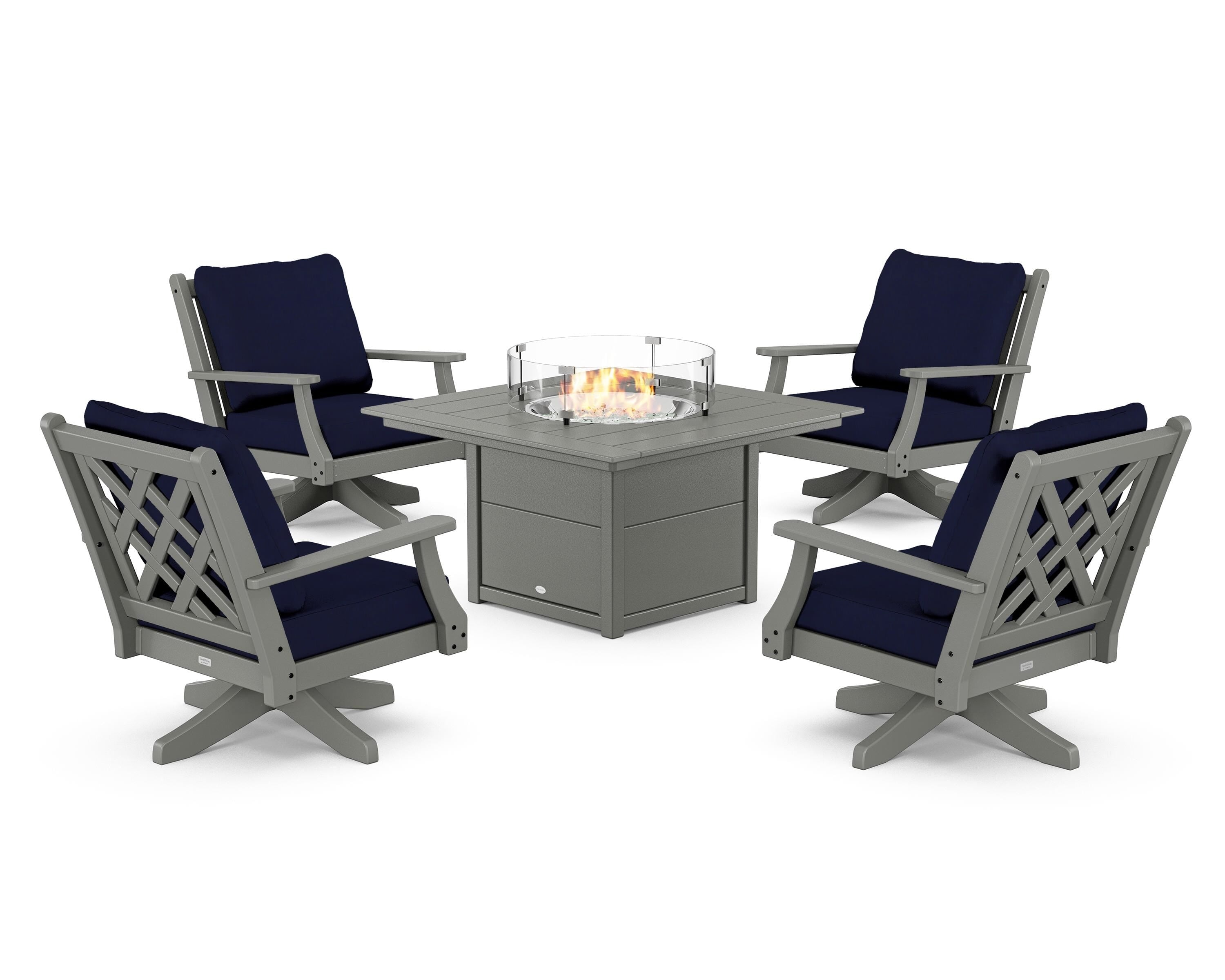 Country Living Wovendale 5-Piece Deep Seating Swivel Conversation Set with Fire Pit Table in Slate Grey / Navy