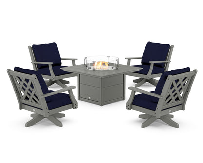 Country Living Wovendale 5-Piece Deep Seating Swivel Conversation Set with Fire Pit Table in Slate Grey / Navy