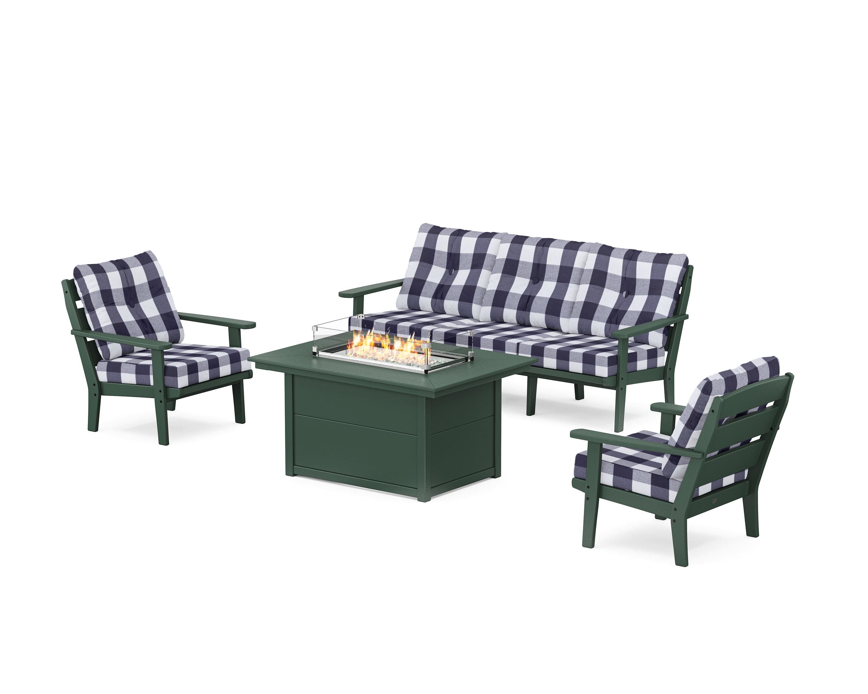 POLYWOOD® Lakeside Deep Seating Fire Pit Table Set in Green / Buffalo Plaid Navy