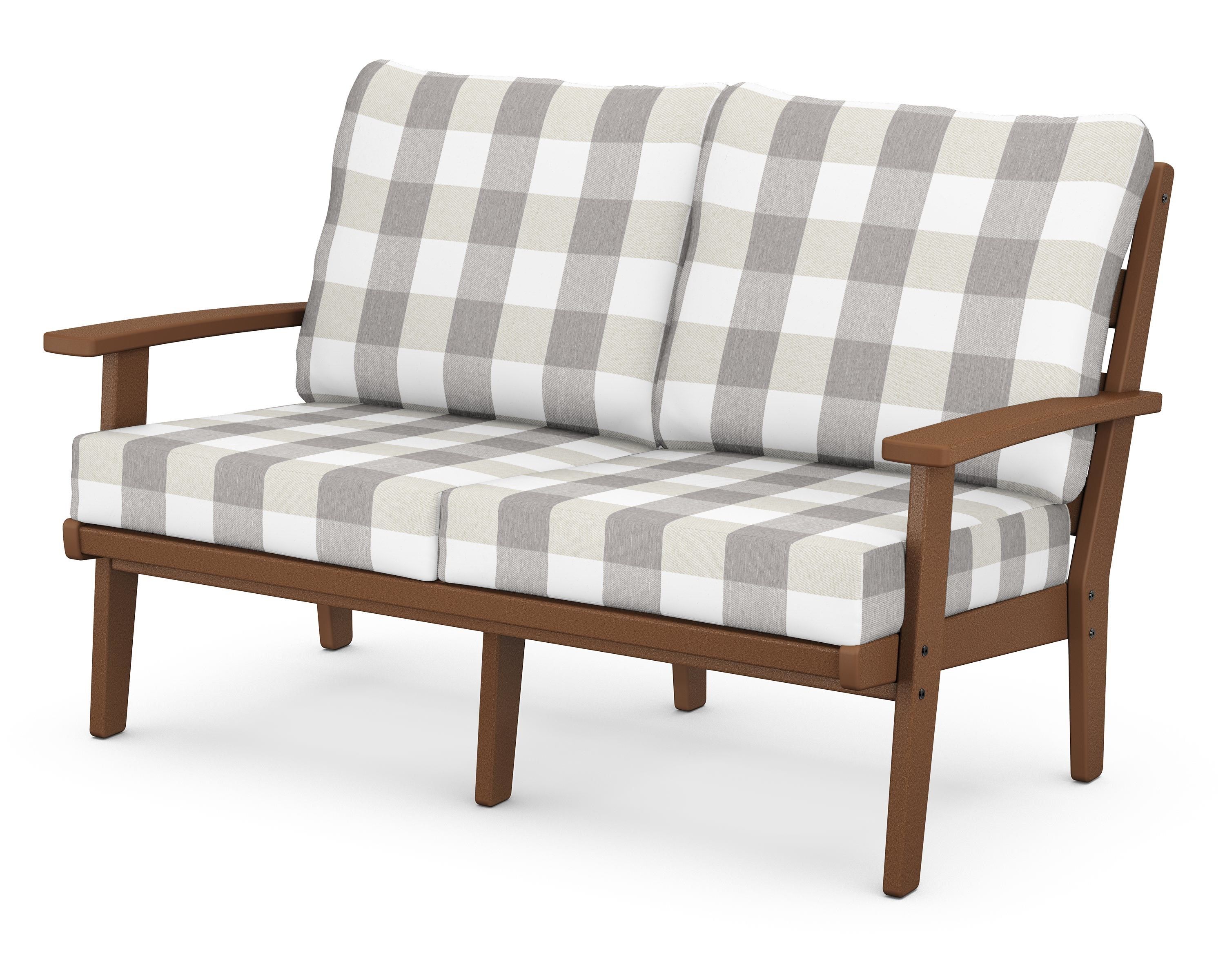 POLYWOOD® Grant Park Deep Seating Loveseat in Teak / Buffalo Plaid Grey Mist