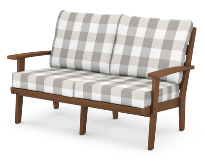 POLYWOOD® Grant Park Deep Seating Loveseat in Teak / Buffalo Plaid Grey Mist