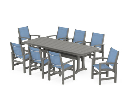 POLYWOOD® Coastal 9-Piece Dining Set with Trestle Legs in Slate Grey / Poolside Sling