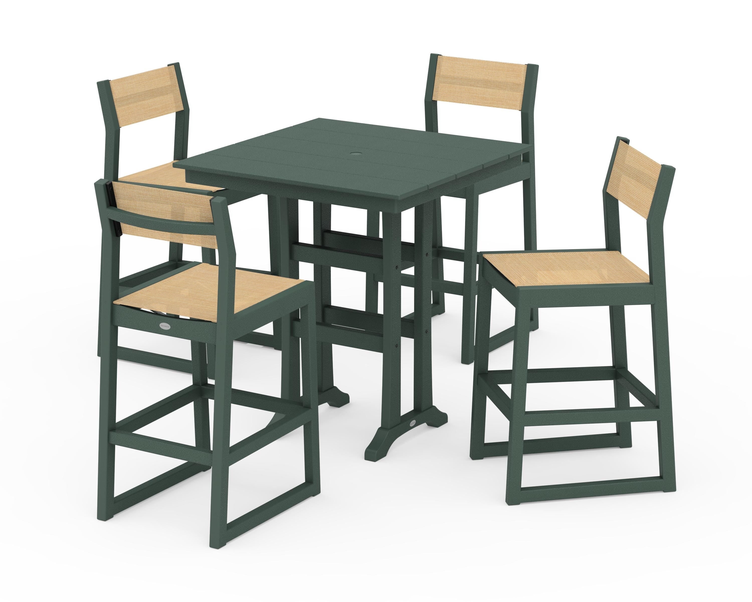 POLYWOOD® EDGE Sling Arm Chair 5-Piece Farmhouse Bar Set with Trestle Legs in Green / Dupioni Apricot Sling