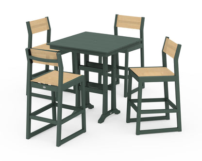 POLYWOOD® EDGE Sling Arm Chair 5-Piece Farmhouse Bar Set with Trestle Legs in Green / Dupioni Apricot Sling