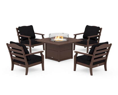 Draper James™ by  POLYWOOD® Savannah 5-Piece Deep Seating Set with Fire Pit Table in Mahogany / Midnight Linen