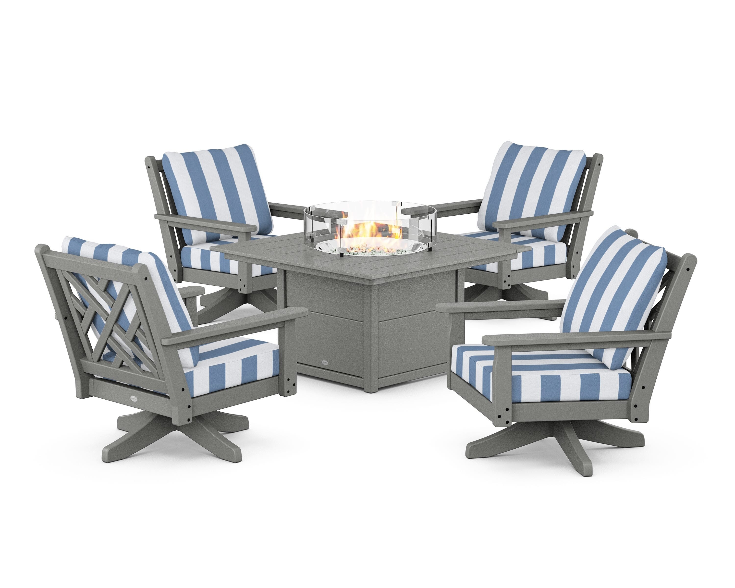 POLYWOOD® Chippendale 5-Piece Deep Seating Swivel Conversation Set with Fire Pit Table in Slate Grey / Cabana Stripe Sky Blue