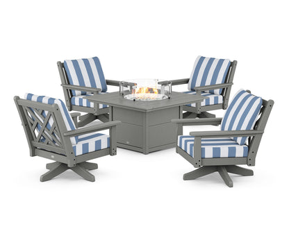 POLYWOOD® Chippendale 5-Piece Deep Seating Swivel Conversation Set with Fire Pit Table in Slate Grey / Cabana Stripe Sky Blue