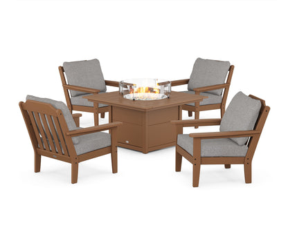 Country Living Cottage 5-Piece Deep Seating Set with Fire Pit Table in Teak / Grey Mist