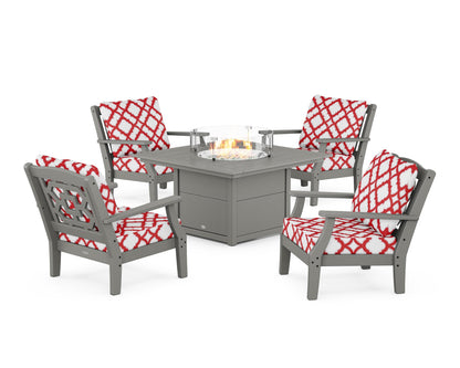 Martha Stewart by POLYWOOD® Chinoiserie 5-Piece Deep Seating Set with Fire Pit Table in Slate Grey / Trellis Crimson
