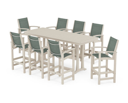 POLYWOOD® Coastal 9-Piece Bar Set with Trestle Legs in Sand / Dupioni Sea Mist Sling