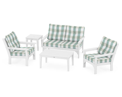 POLYWOOD® Vineyard 5-Piece Deep Seating Set in White / Buffalo Plaid Glacier Spa