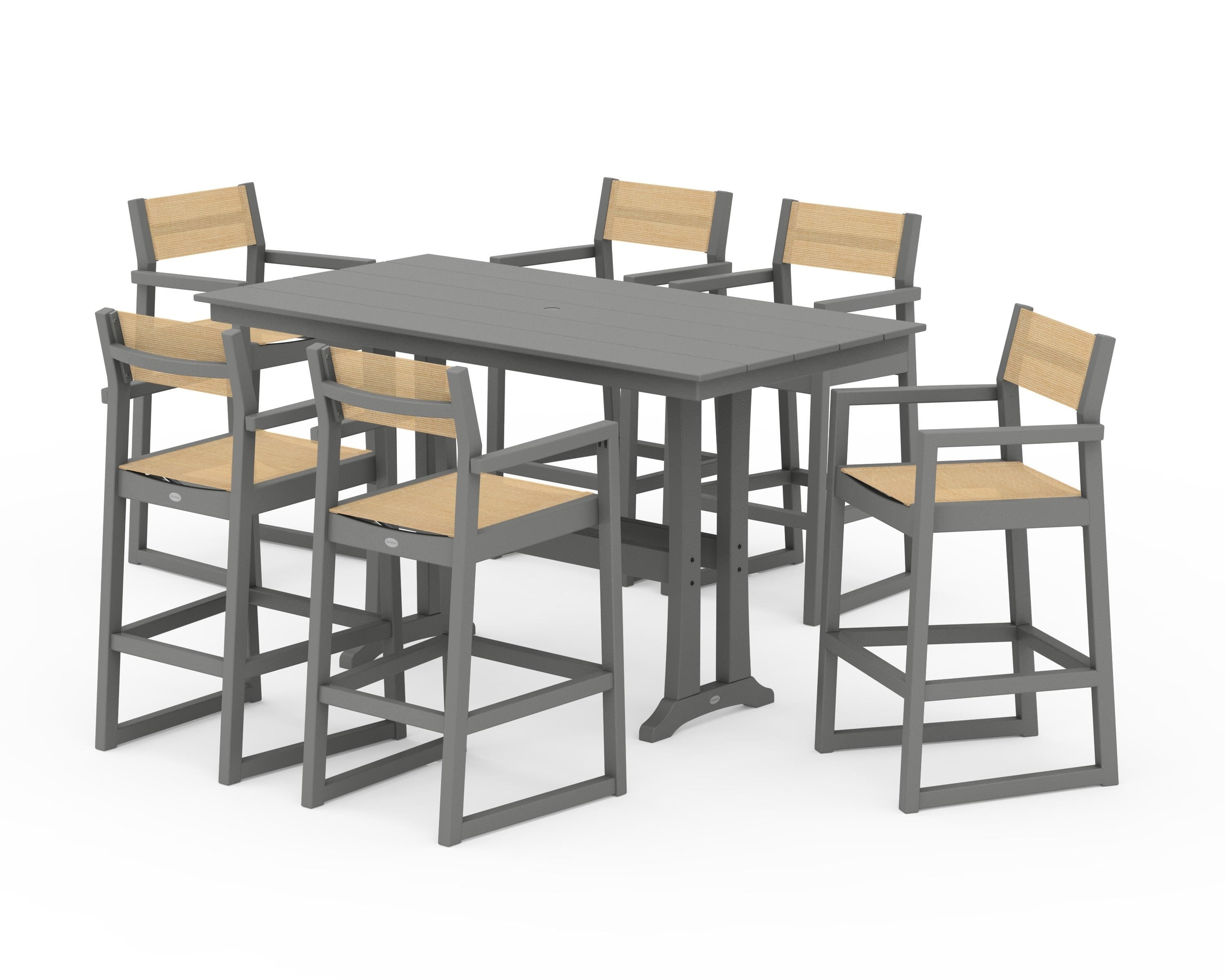 POLYWOOD® EDGE Sling Arm Chair 7-Piece Farmhouse Bar Set with Trestle Legs in Slate Grey / Dupioni Apricot Sling