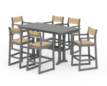 POLYWOOD® EDGE Sling Arm Chair 7-Piece Farmhouse Bar Set with Trestle Legs in Slate Grey / Dupioni Apricot Sling