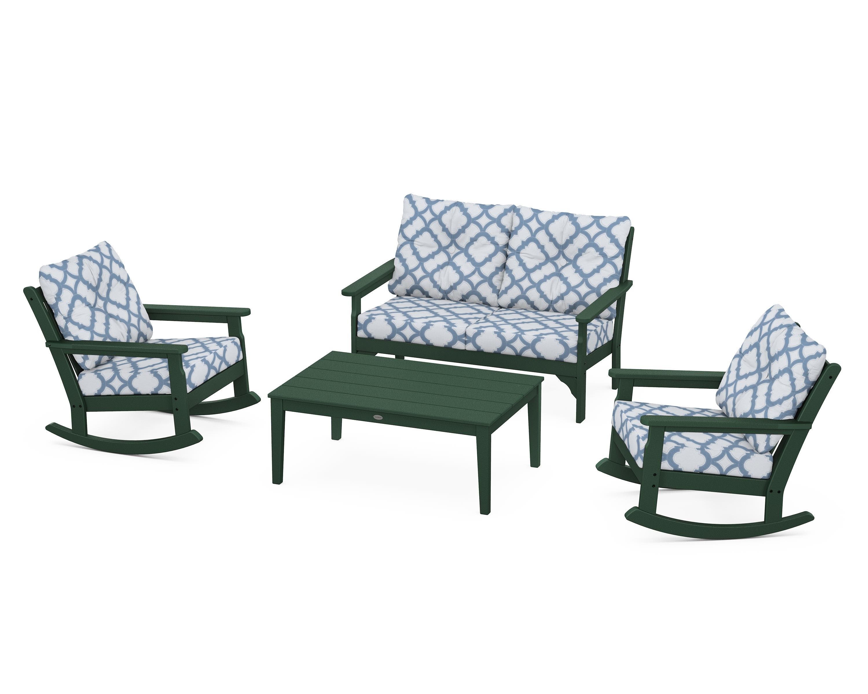 POLYWOOD® Vineyard 4-Piece Deep Seating Rocking Chair Set in Green / Trellis Sky Blue