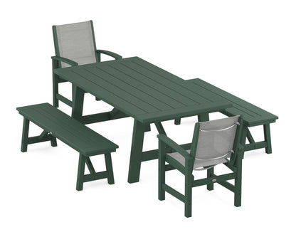 POLYWOOD® Coastal 5-Piece Rustic Farmhouse Dining Set With Benches in Green / Metallic Sling