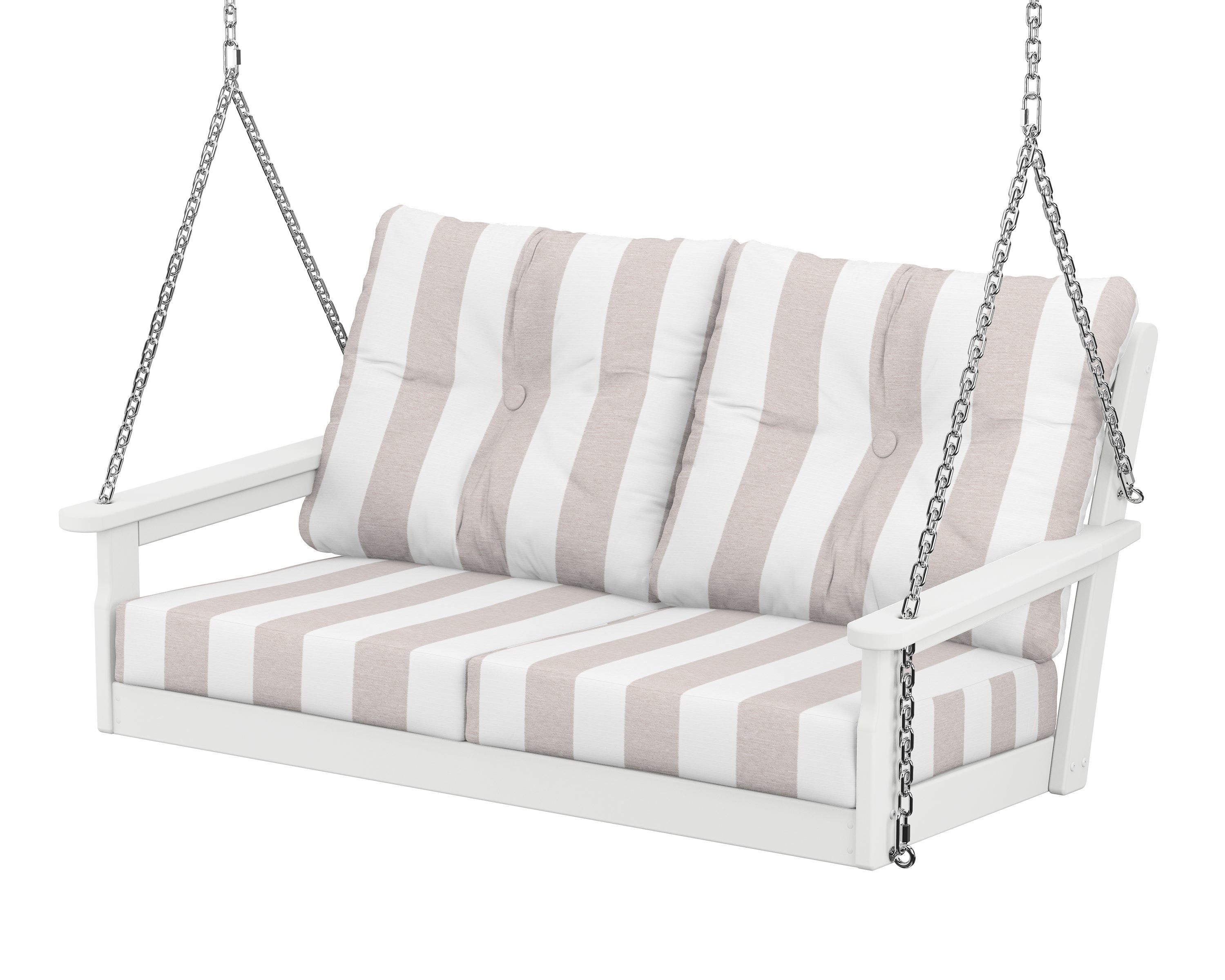 POLYWOOD® Vineyard Deep Seating Swing in White / Cabana Stripe Dune Burlap