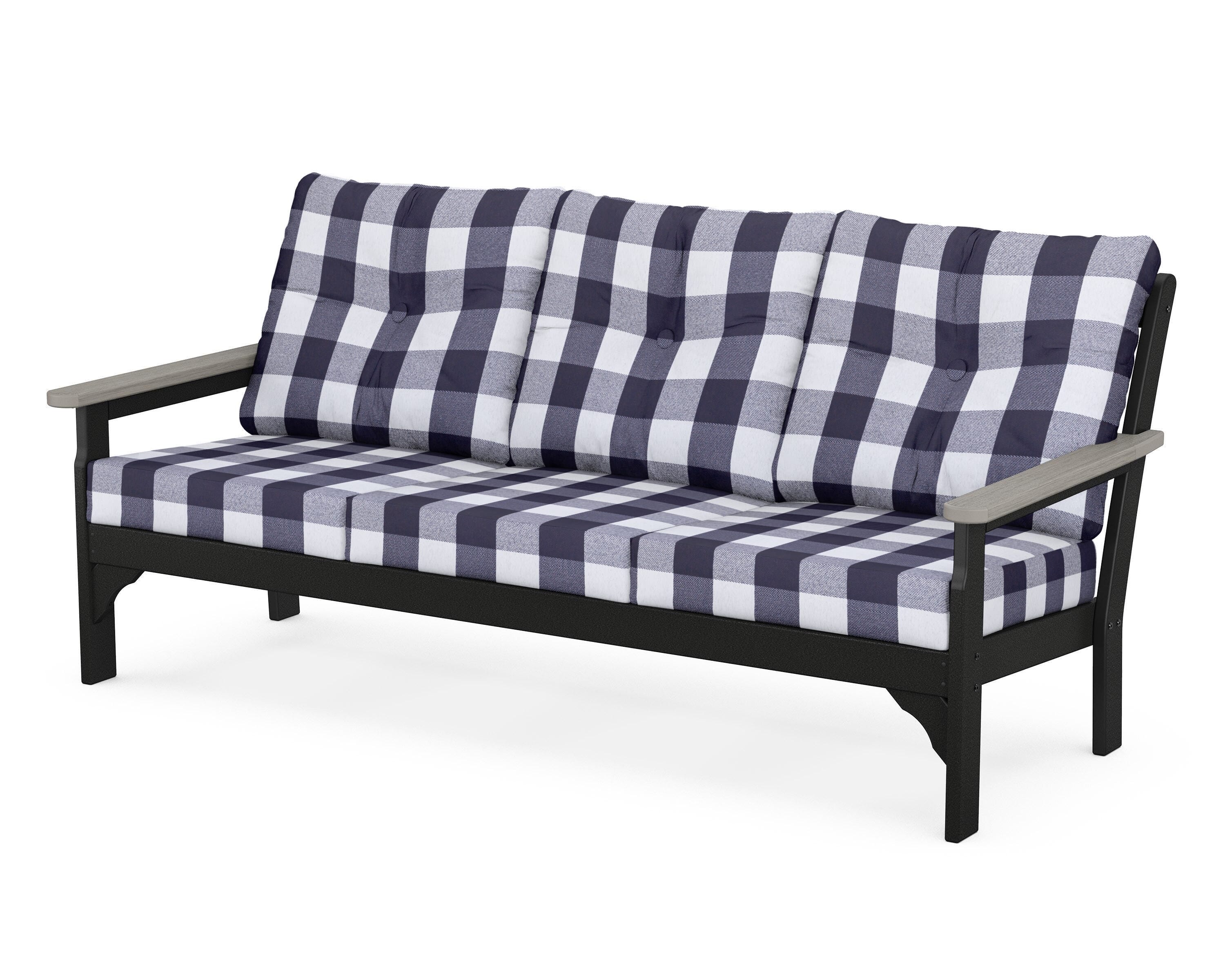 POLYWOOD® Vineyard Deep Seating Sofa in Black / Driftwood / Buffalo Plaid Navy