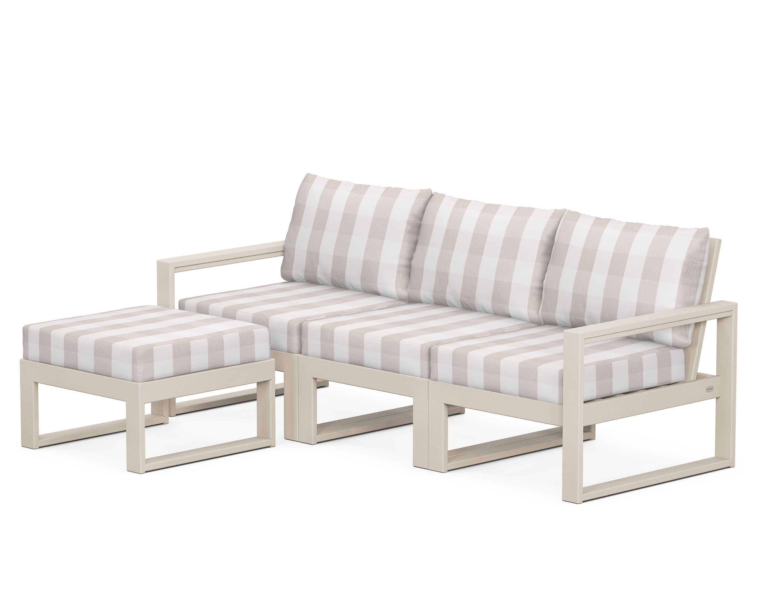 POLYWOOD® EDGE 4-Piece Modular Deep Seating Set with Ottoman in Sand / Buffalo Plaid Dune Burlap