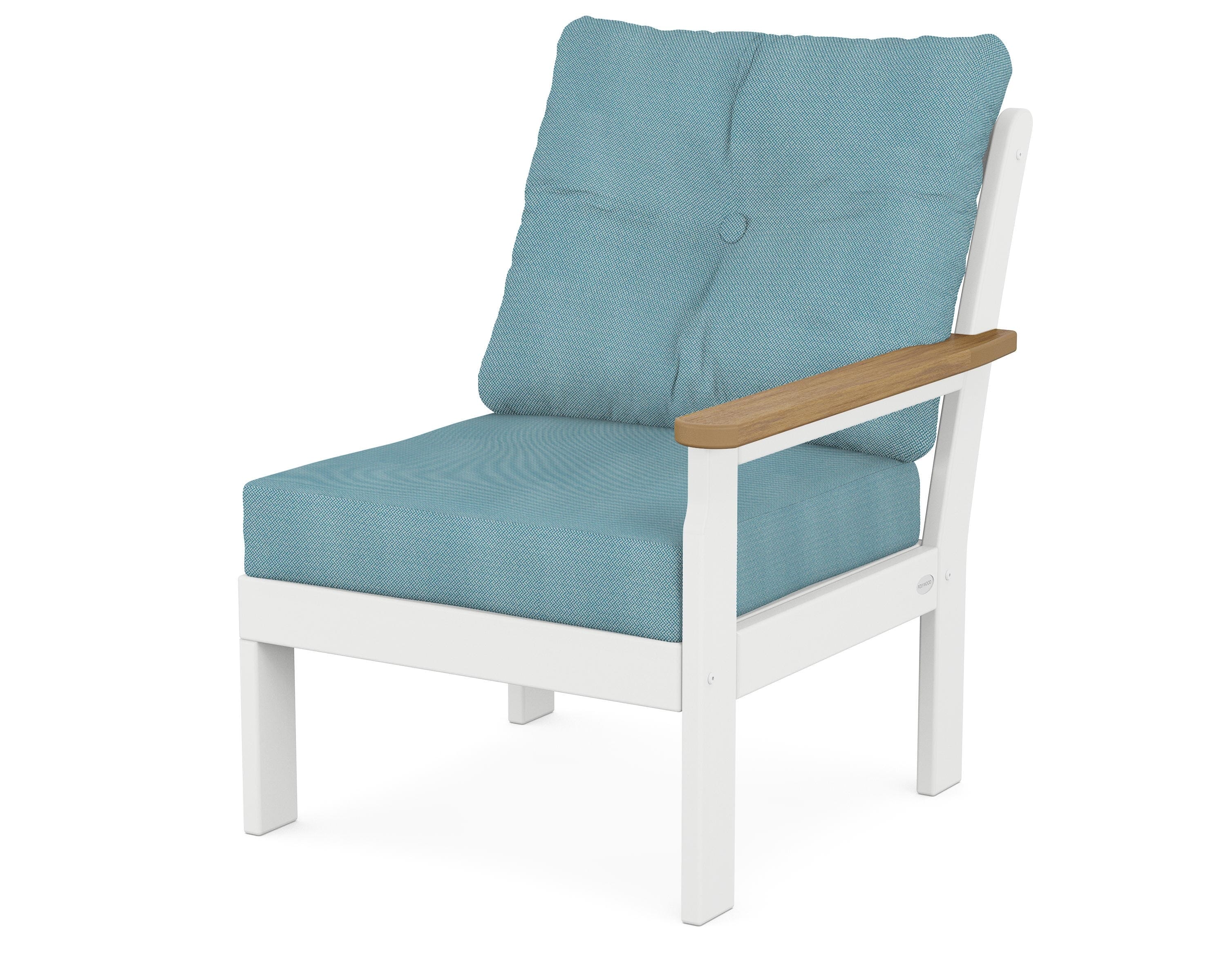 POLYWOOD® Vineyard Modular Right Arm Chair in White / Natural / Lattice Sky Blue