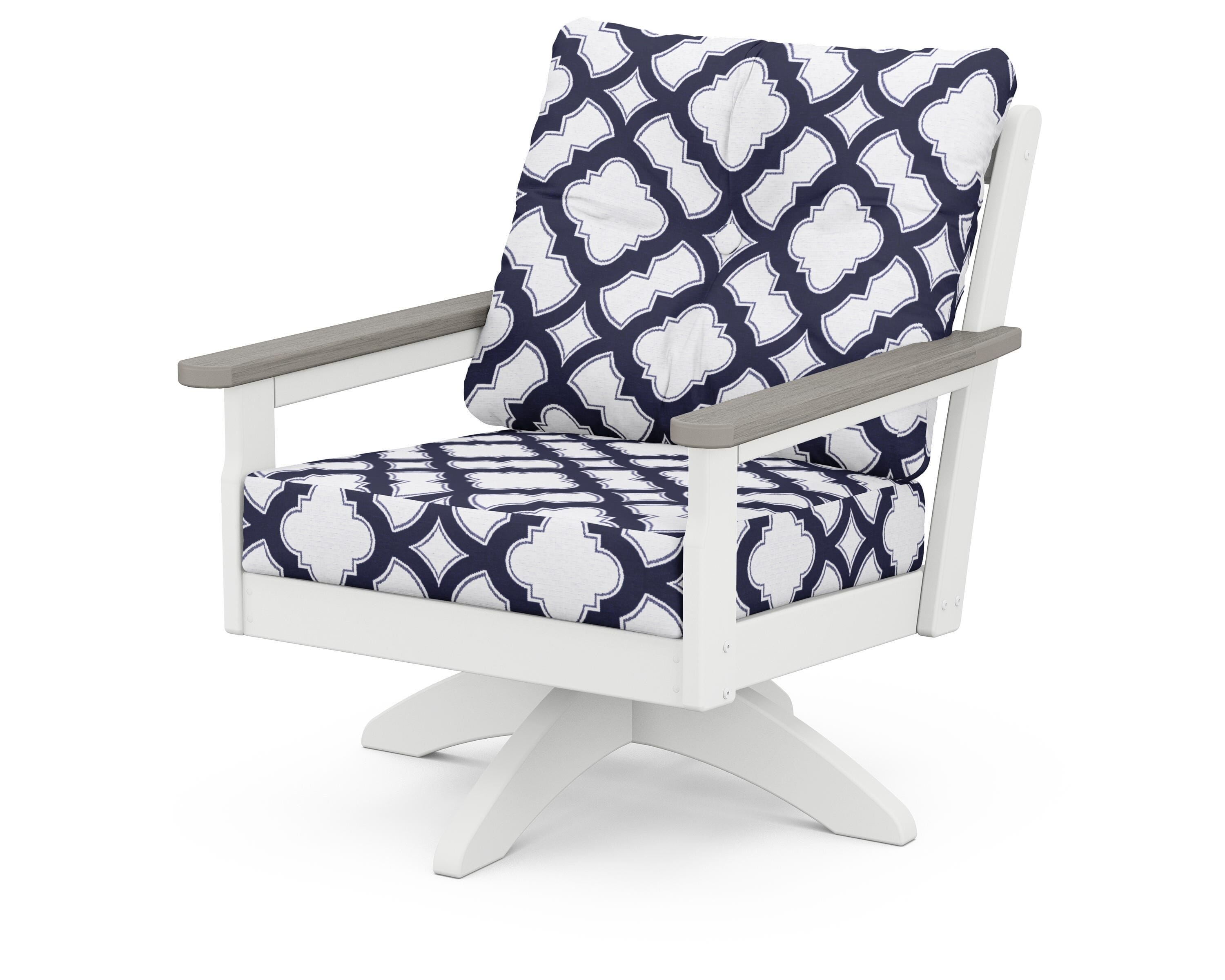POLYWOOD® Vineyard Deep Seating Swivel Chair in White / Driftwood / Trellis Navy