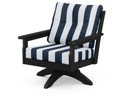 POLYWOOD® Vineyard Deep Seating Swivel Chair in Black / Cabana Stripe Marine Indigo