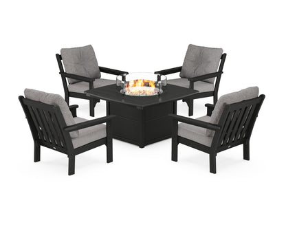 POLYWOOD® Vineyard 5-Piece Conversation Set with Fire Pit Table in Black / Grey Mist