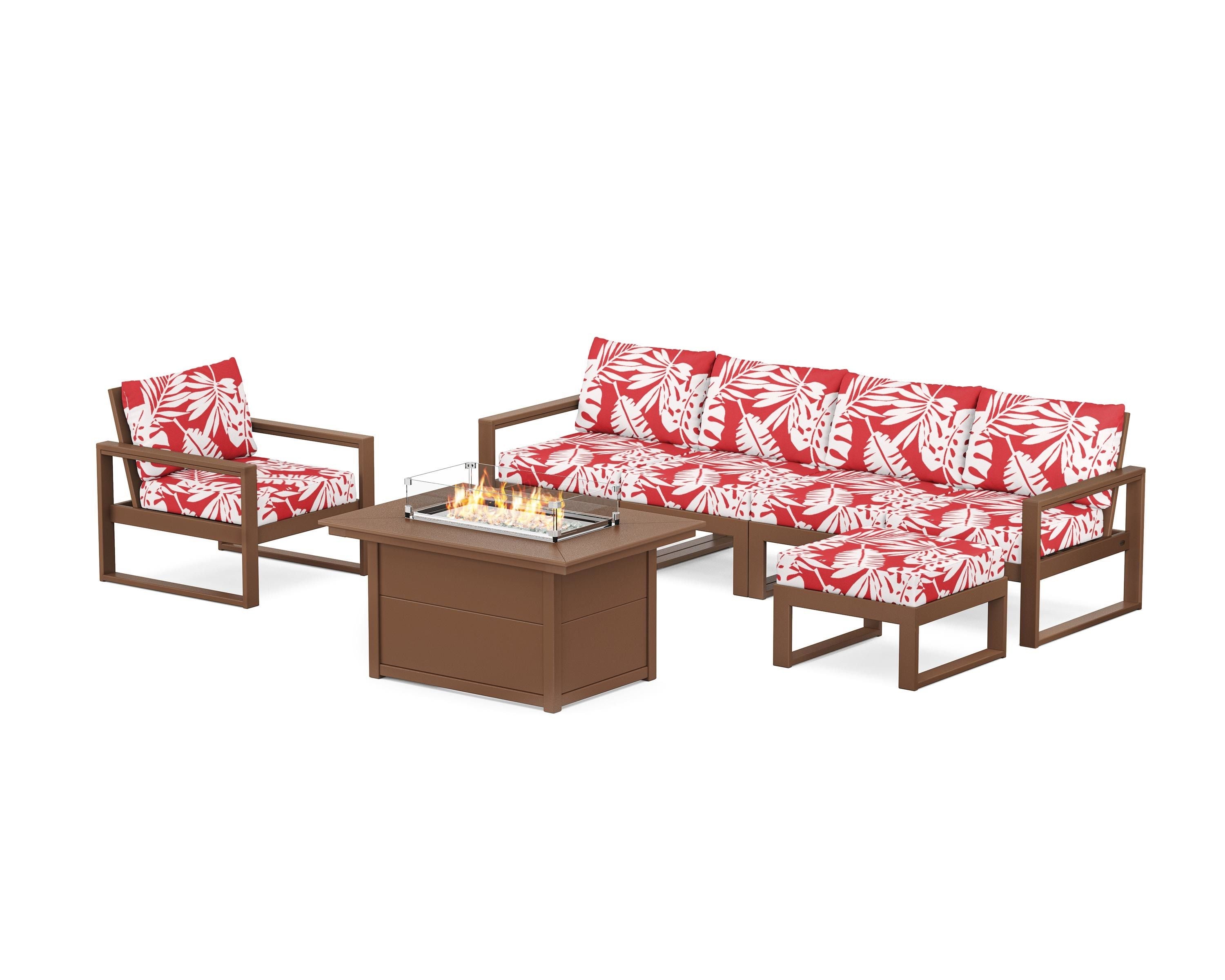POLYWOOD® EDGE Sectional Lounge and Fire Pit Set in Teak / Leaf Crimson