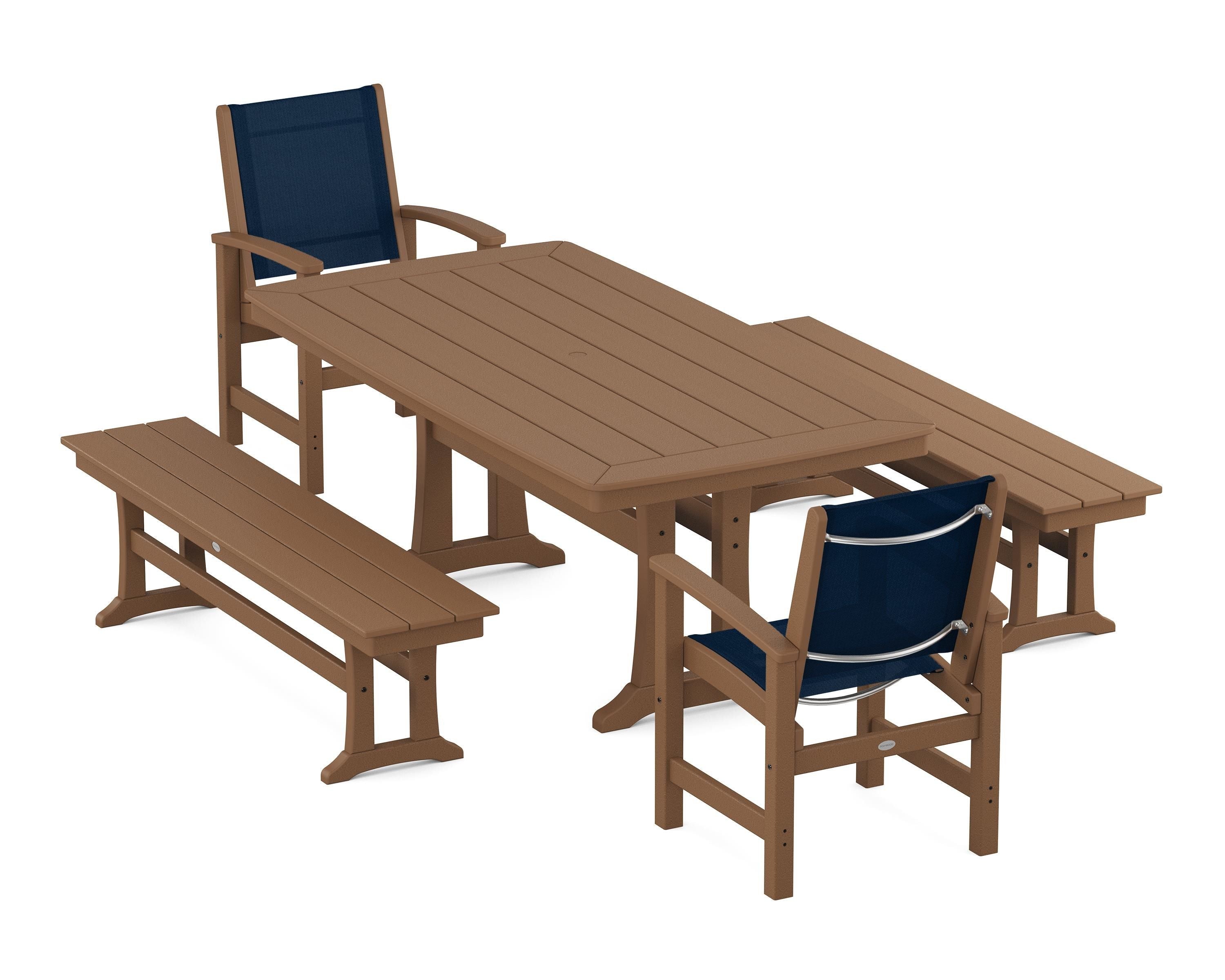 POLYWOOD® Coastal 5-Piece Dining Set with Trestle Legs and Benches in Teak / Navy Blue Sling