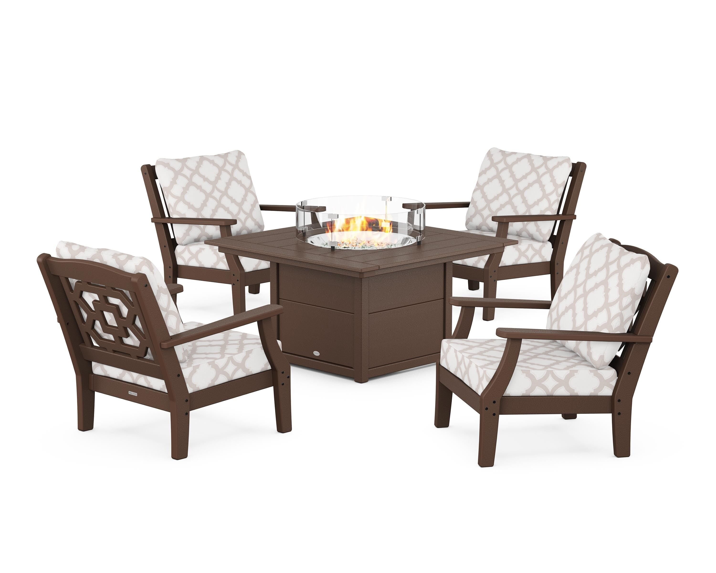 Martha Stewart by POLYWOOD® Chinoiserie 5-Piece Deep Seating Set with Fire Pit Table in Mahogany / Trellis Dune Burlap