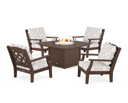 Martha Stewart by POLYWOOD® Chinoiserie 5-Piece Deep Seating Set with Fire Pit Table in Mahogany / Trellis Dune Burlap