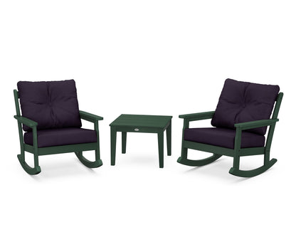 POLYWOOD® Vineyard 3-Piece Deep Seating Rocker Set in Green / Navy Linen