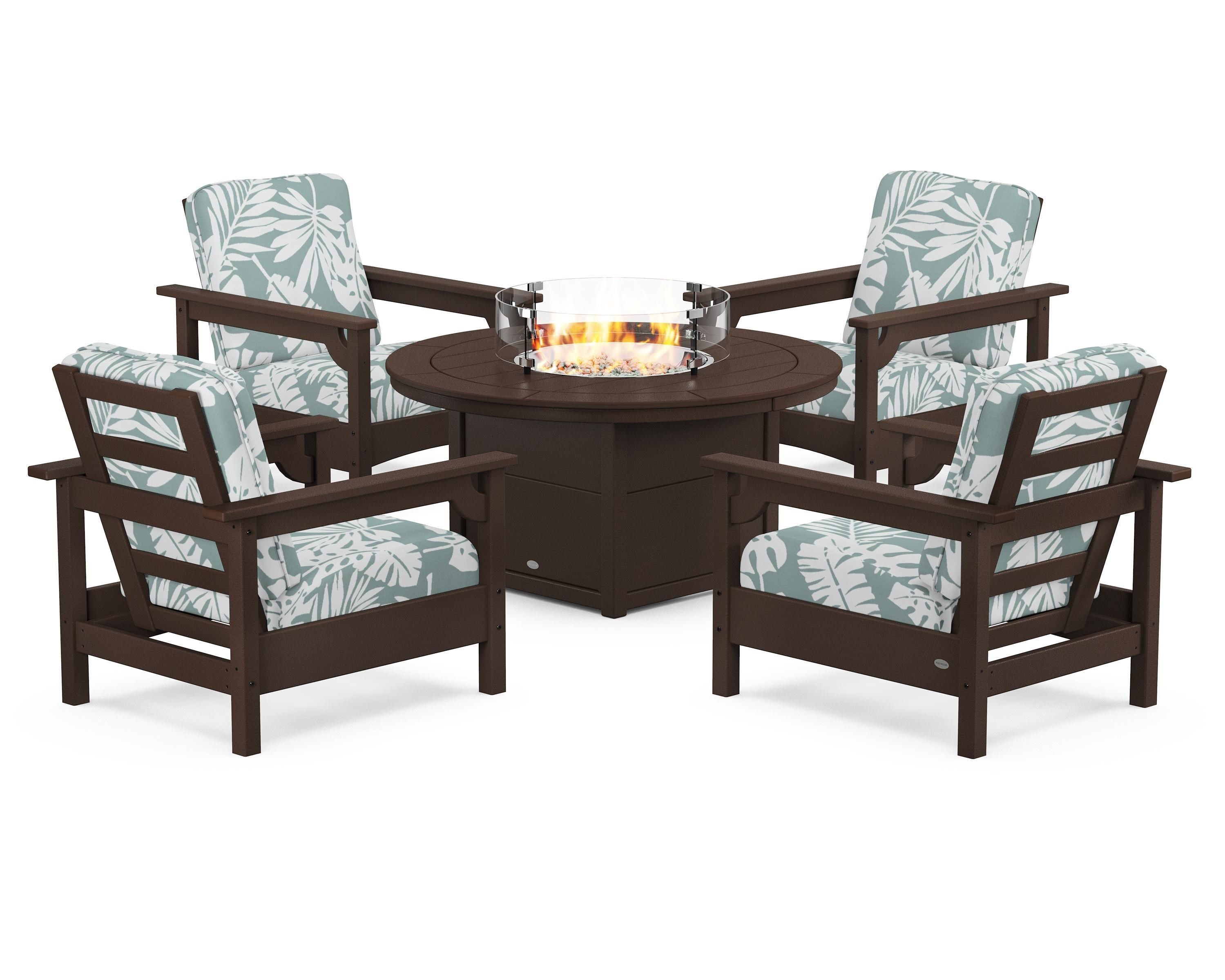 POLYWOOD® Club 5-Piece Conversation Set with Fire Pit Table in Mahogany / Leaf Glacier Spa