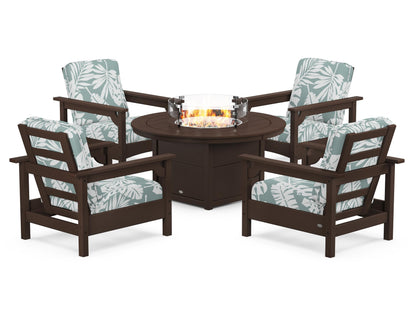 POLYWOOD® Club 5-Piece Conversation Set with Fire Pit Table in Mahogany / Leaf Glacier Spa