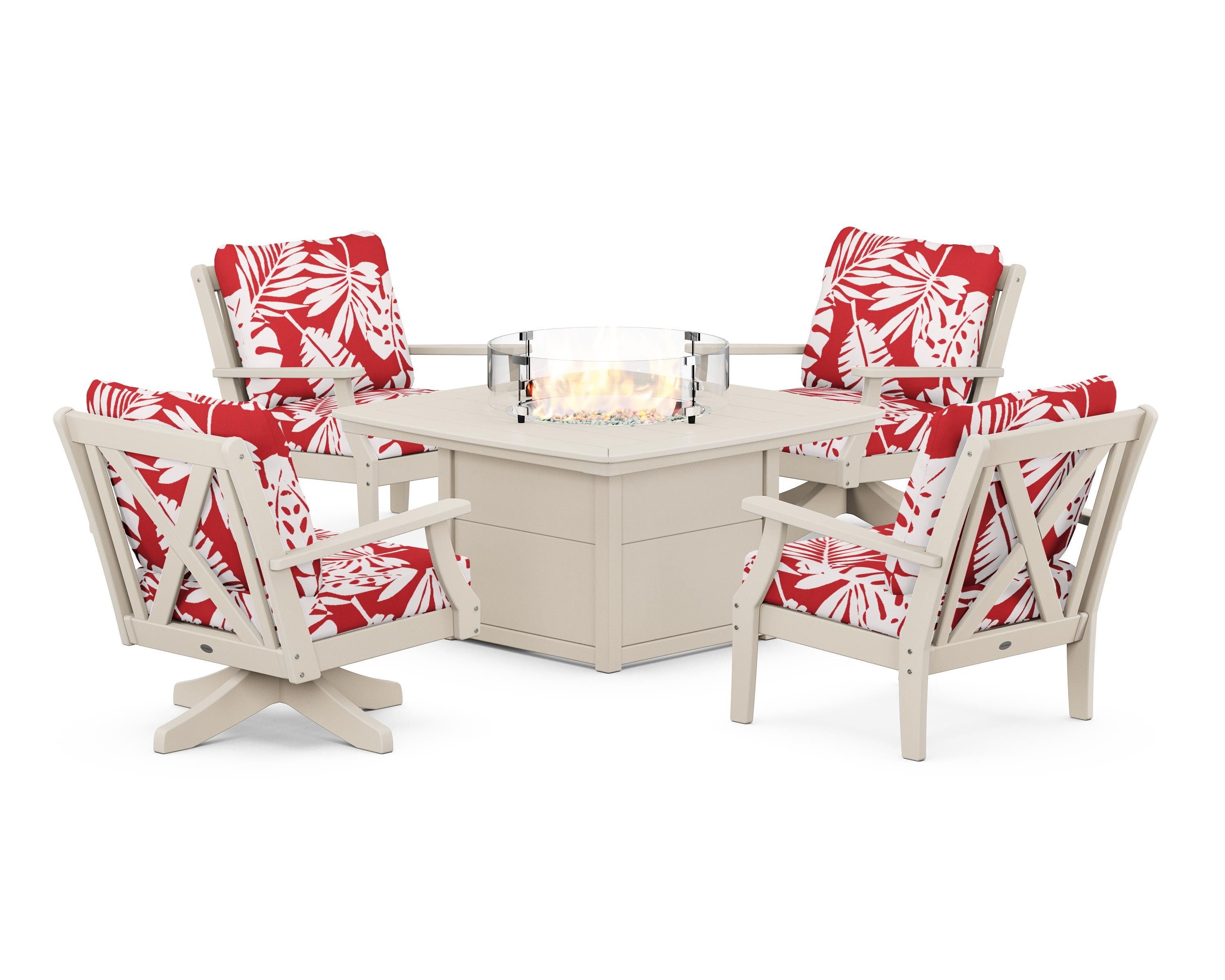 POLYWOOD® Braxton 5-Piece Deep Seating Set with Fire Table in Sand / Leaf Crimson