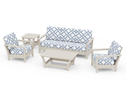 POLYWOOD® Harbour 5-Piece Deep Seating Set in Sand / Trellis Sky Blue