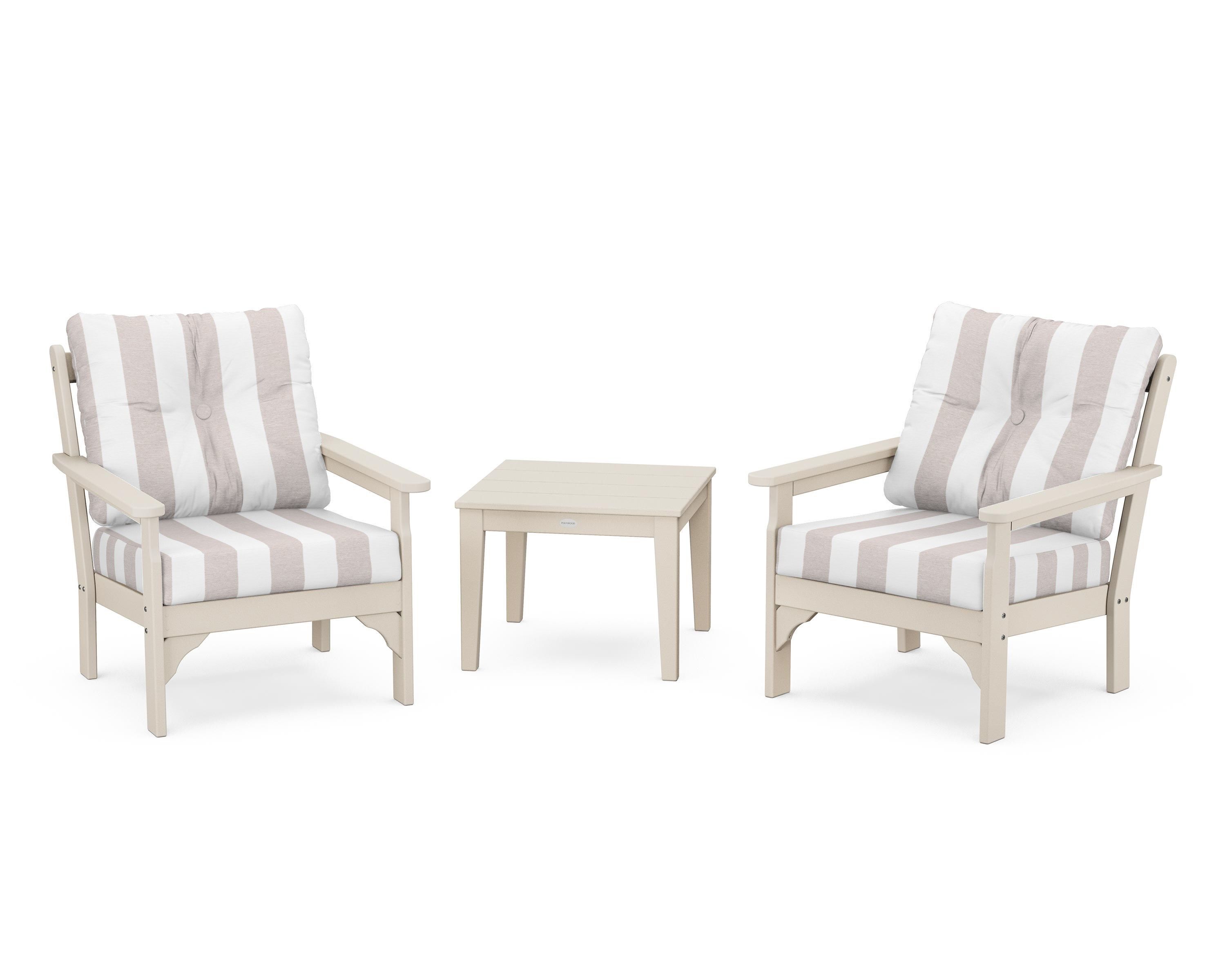 POLYWOOD® Vineyard 3-Piece Deep Seating Set in Sand / Cabana Stripe Dune Burlap