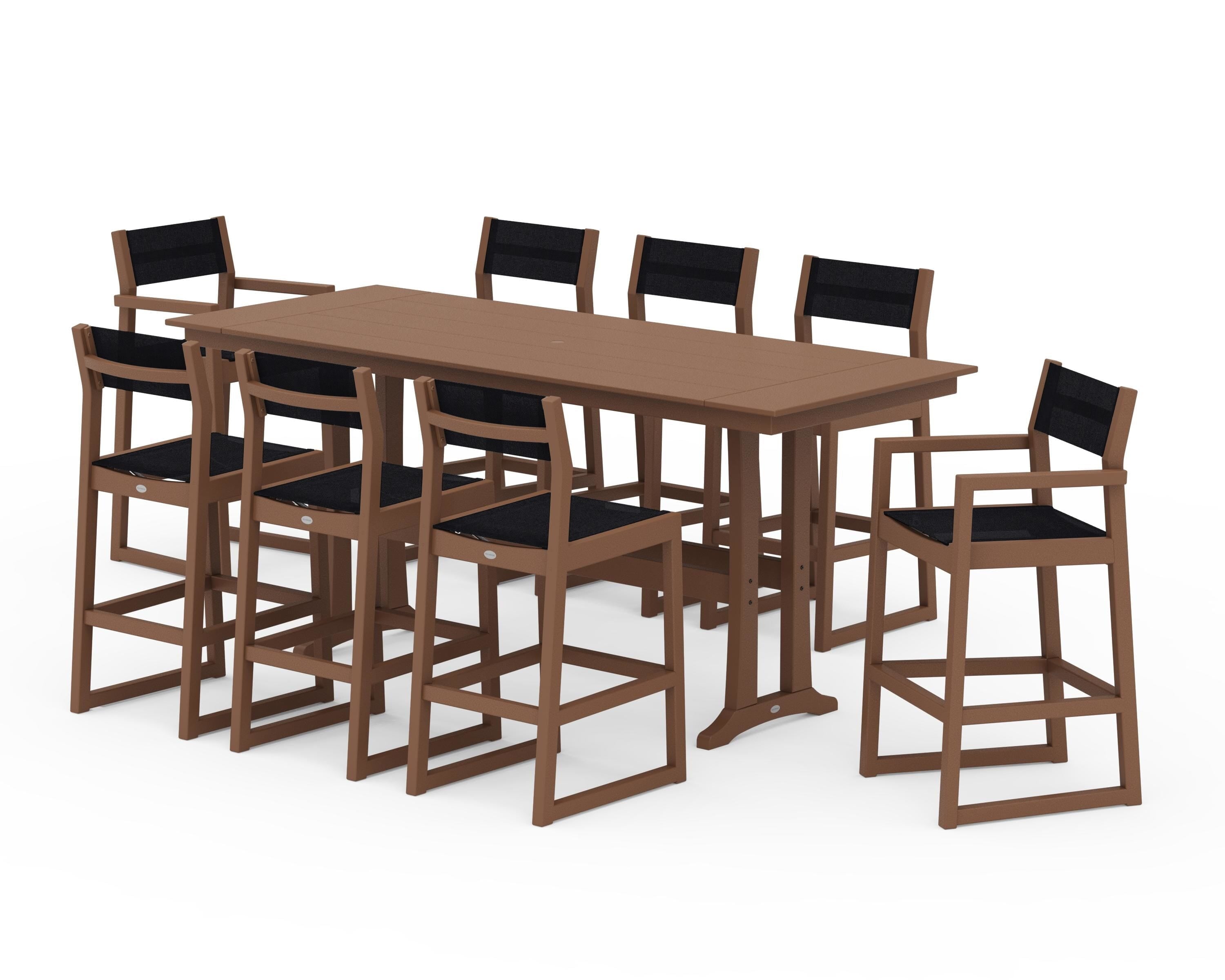 POLYWOOD® EDGE Sling 9-Piece Farmhouse Bar Set with Trestle Legs in Teak / Black Sling
