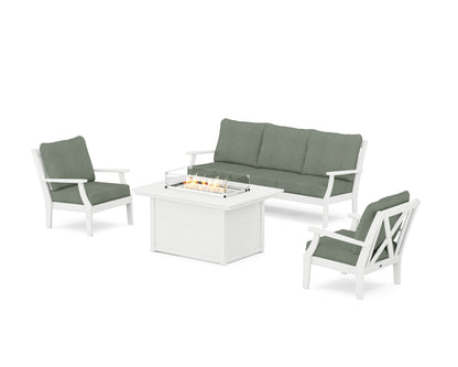 POLYWOOD® Braxton Deep Seating Fire Pit Table Set in White / Cast Sage