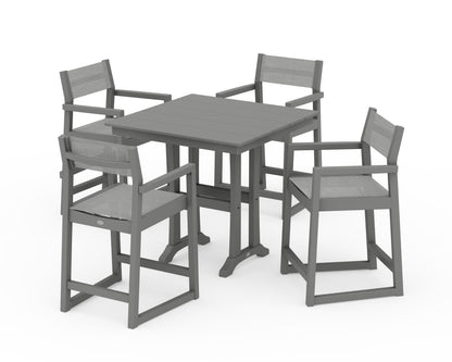 POLYWOOD® EDGE Sling Arm Chair 5-Piece Farmhouse Counter Set with Trestle Legs in Slate Grey / Metallic Sling
