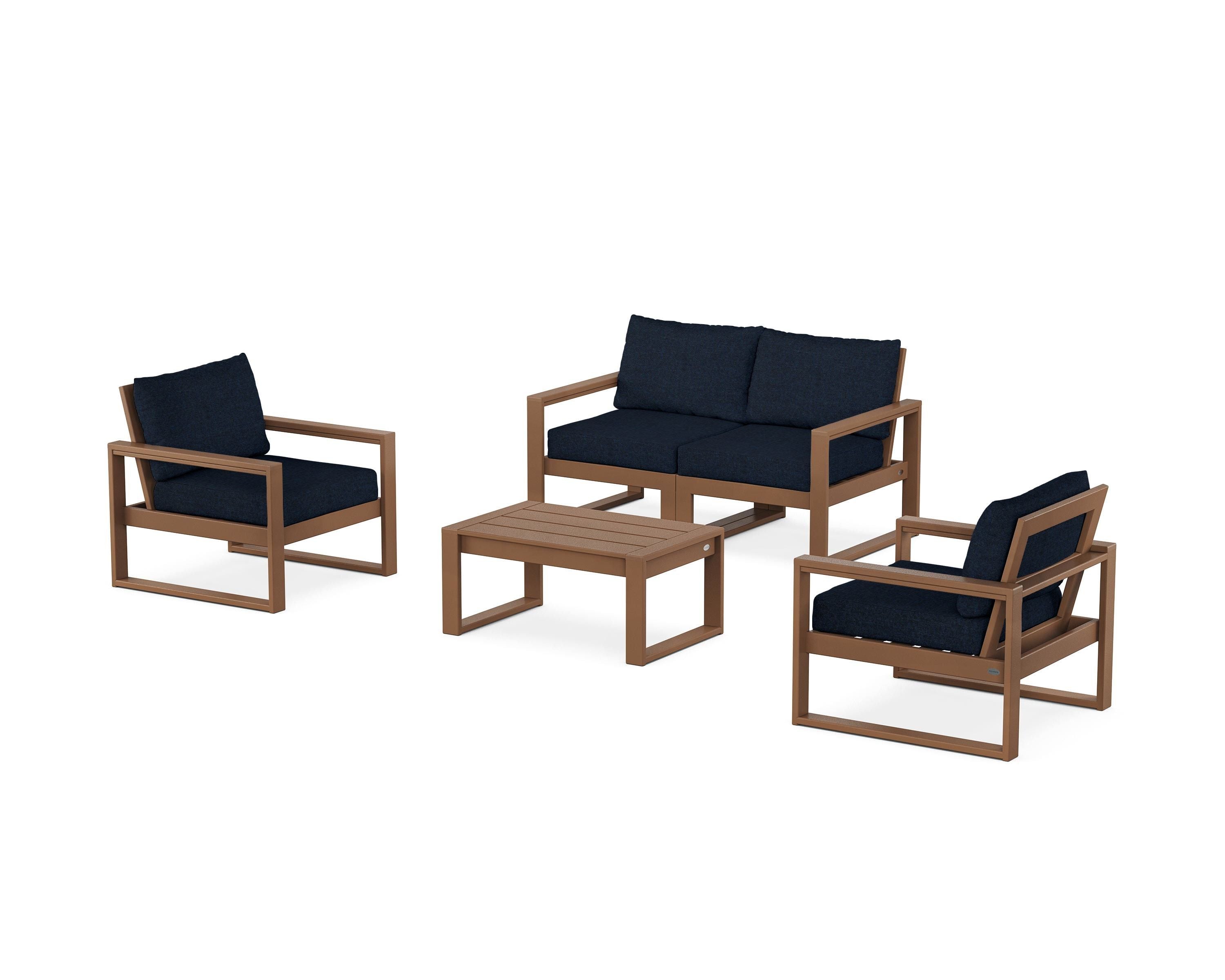 POLYWOOD® EDGE Sectional 4-Piece Deep Seating Set with Loveseat in Teak / Marine Indigo