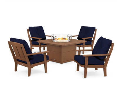 POLYWOOD® Mission 5-Piece Deep Seating Set with Fire Pit Table in Teak / Navy